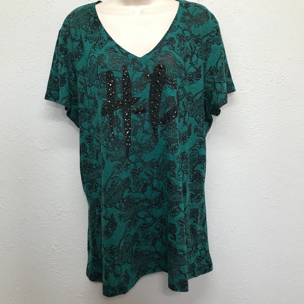 Harley-Davidson T-Shirt Womens 2XL Green Black Logo Floral Studded‎ Fort Thunder